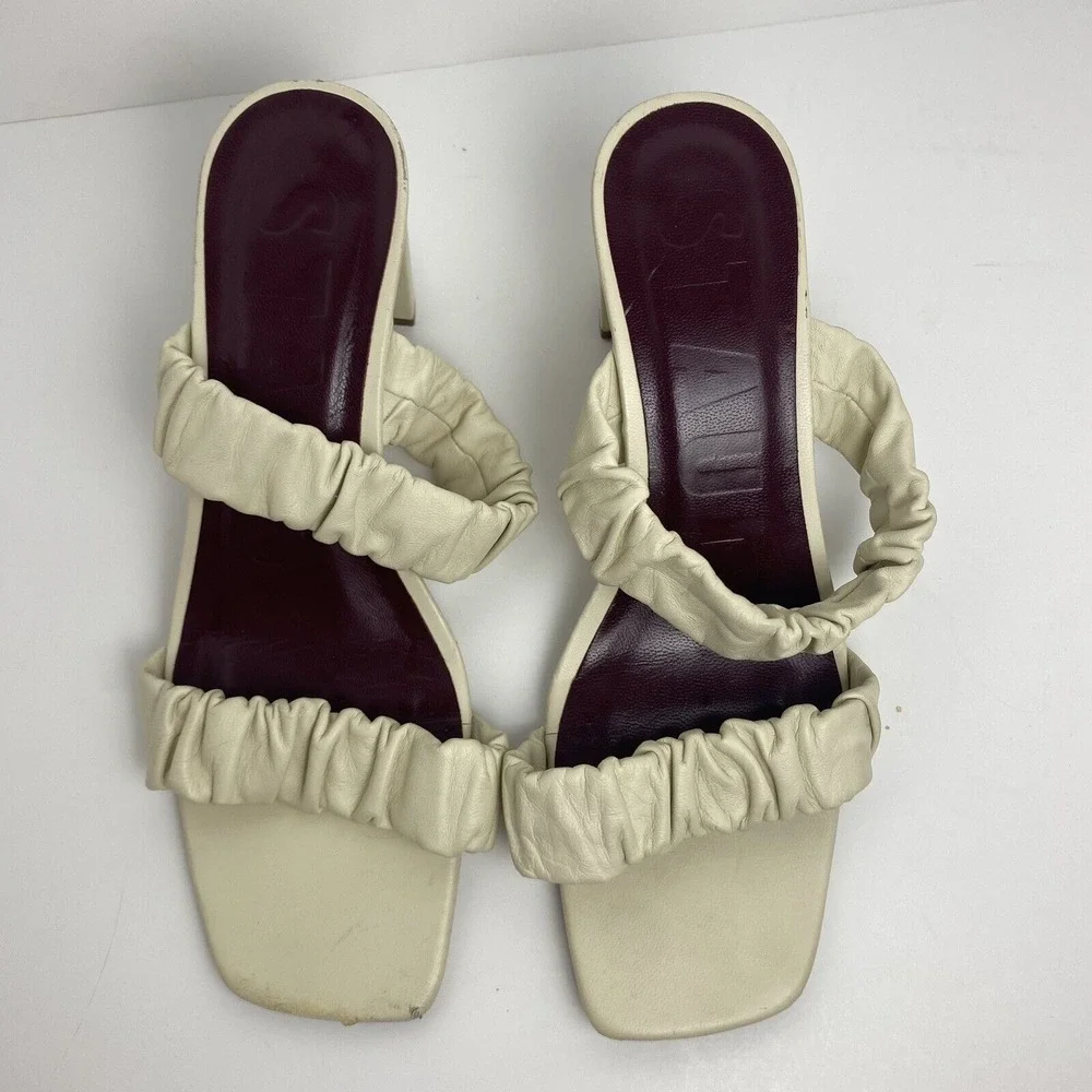 Staud Womens Size 37 Frankie Ruched‎ Leather Mules Block Heel Strap Sandal Ivory